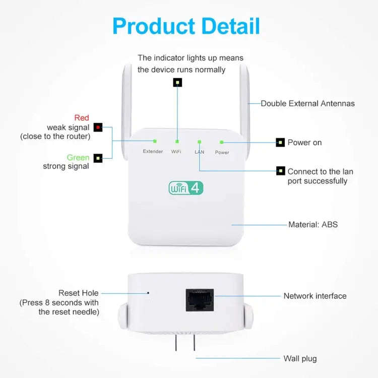 2.4G 300M Wi-Fi Amplifier Long Range WiFi Repeater Wireless Signal Booster EU Plug White