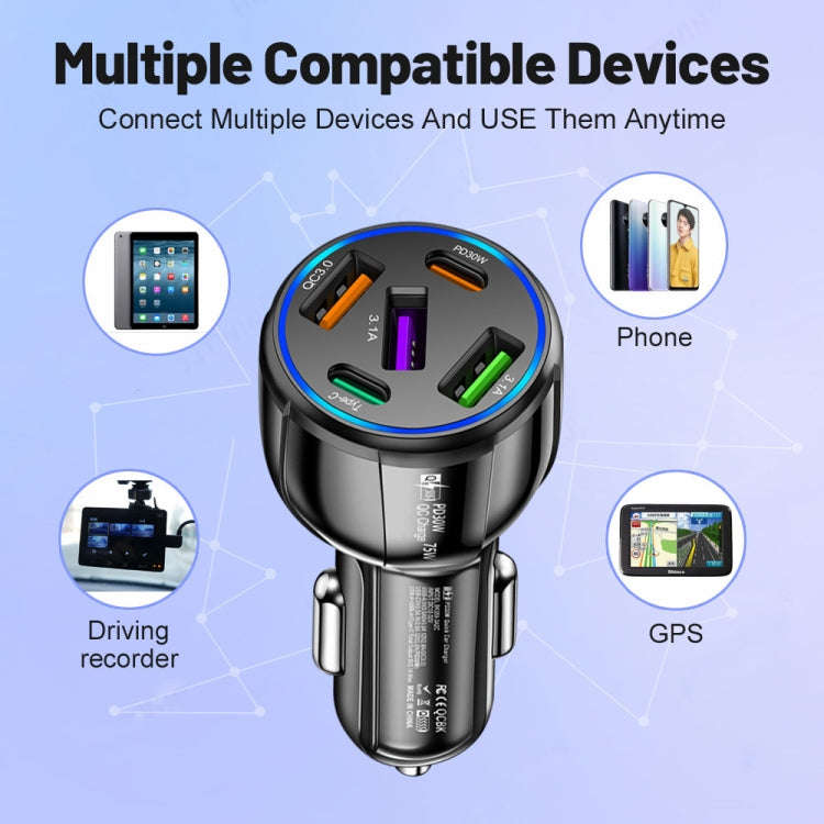 3USB+2PD 75W Dual Line Car Mobile Phone Fast Charging Charger(Black)