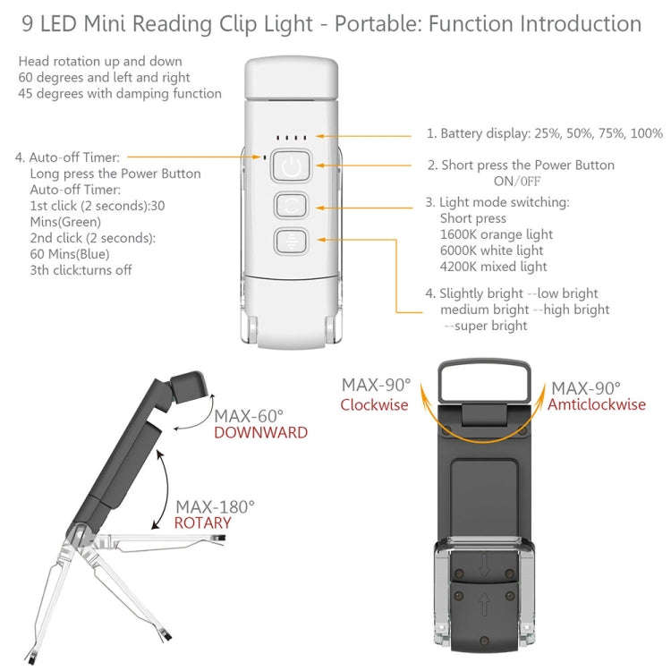 USB Charging Portable Detachable Reading Clip Light Rotatable Eye Protection Mini LED Lamp(White)