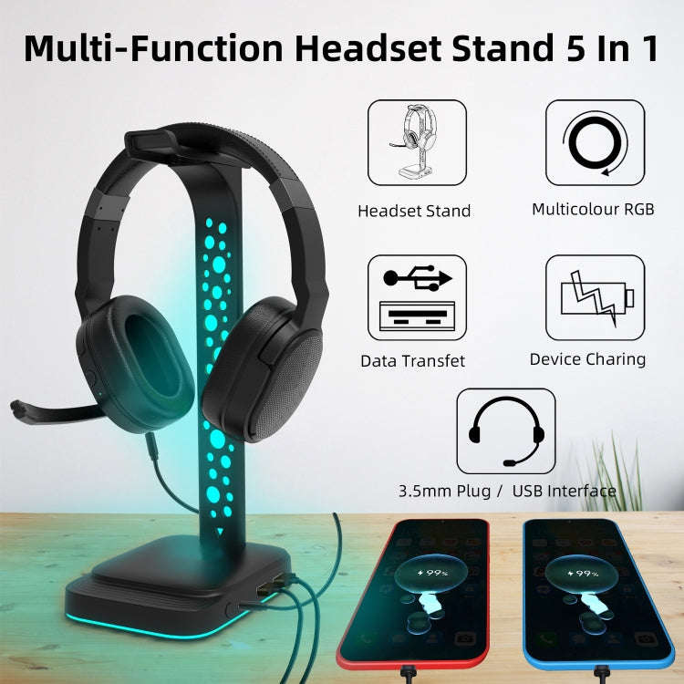 3.5mm Audio RGB Illuminated Headset Holder Dual USB Gaming Headset Display Rack(With Headphone Ja...