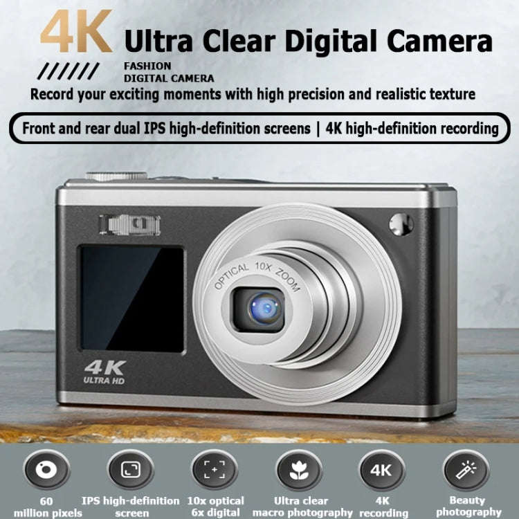 4K HD Optical Zoom Digital Camera 60MP Dual Screen Selfie Camera, No Memory(Silver)
