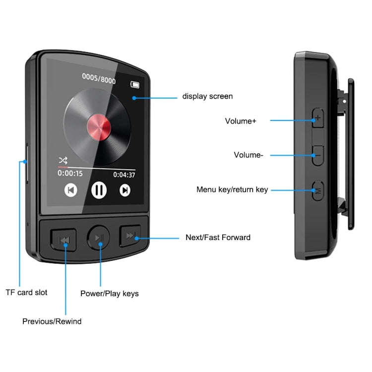 No Memory Card 1.8-Inch Color Screen Recording MP3/MP4 Sports Bluetooth Walkman With Back Clip