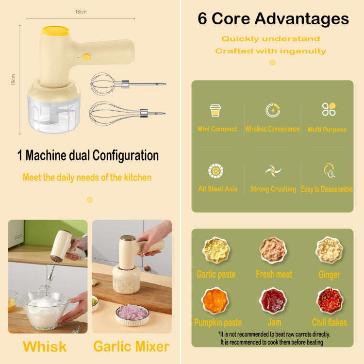2 in 1 Portable Wireless Garlic Chopper Egg Beater Mixer Cooking Machine(Beige)
