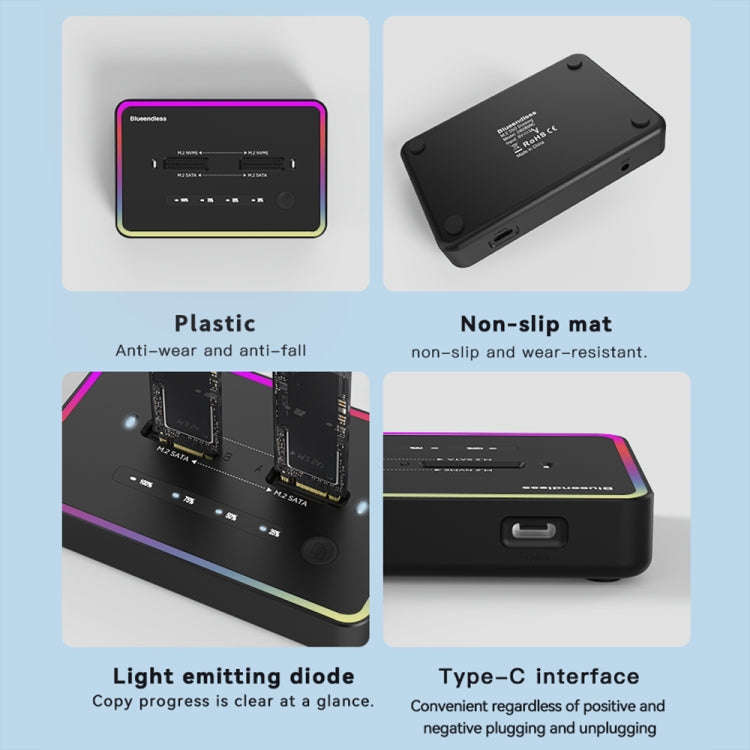 RGB Dual NVME or Dual SATA Blueendless M.2 Dual-Slot Hard Drive Base Solid State Hard Drive Box, ...