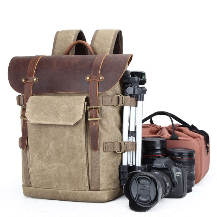 Vintage Camera Bag Waterproof  Canvas Backpack with Laptop Compartment Tripod Holder(Khaki)