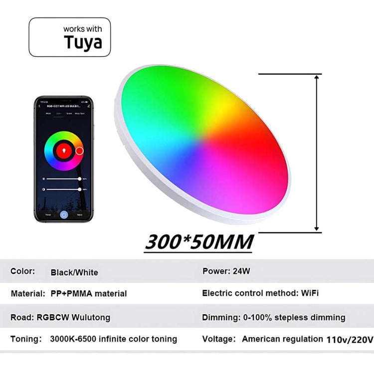 24W 30cm RGBCW Full Color Smart WiFi Tuya Ceiling Light with Remote Control (Black)