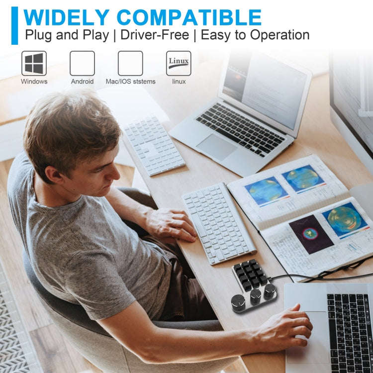 3 Knobs Wired 12 Keys Customized Drawing Programming Keypad With Volume Modulation(Black)