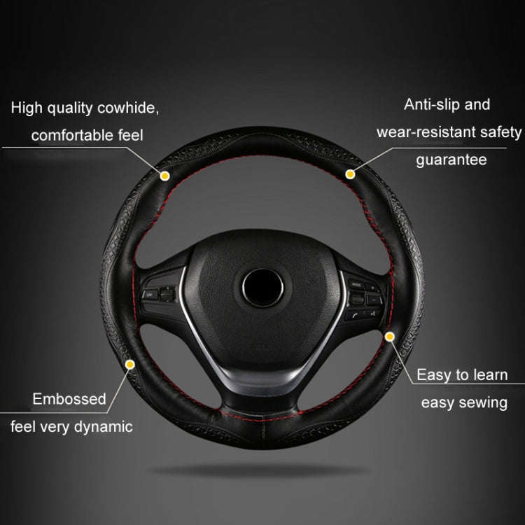 38cm Four-Season Embossed Hand-Sewn Cowhide Steering Wheel Cover(Coffee)