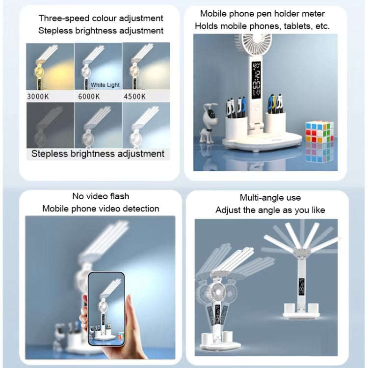 4-head Desk Lamp Foldable Reading Lamp 3-gear Color Adjustment, Spec: Plug-in Fan Clock Model