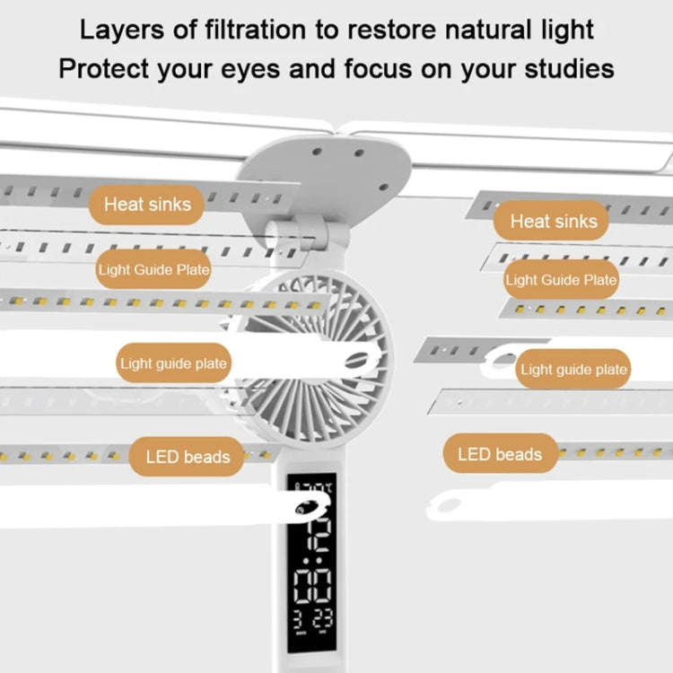 4-head Desk Lamp Foldable Reading Lamp 3-gear Color Adjustment, Spec: Plug-in Fan Clock Model