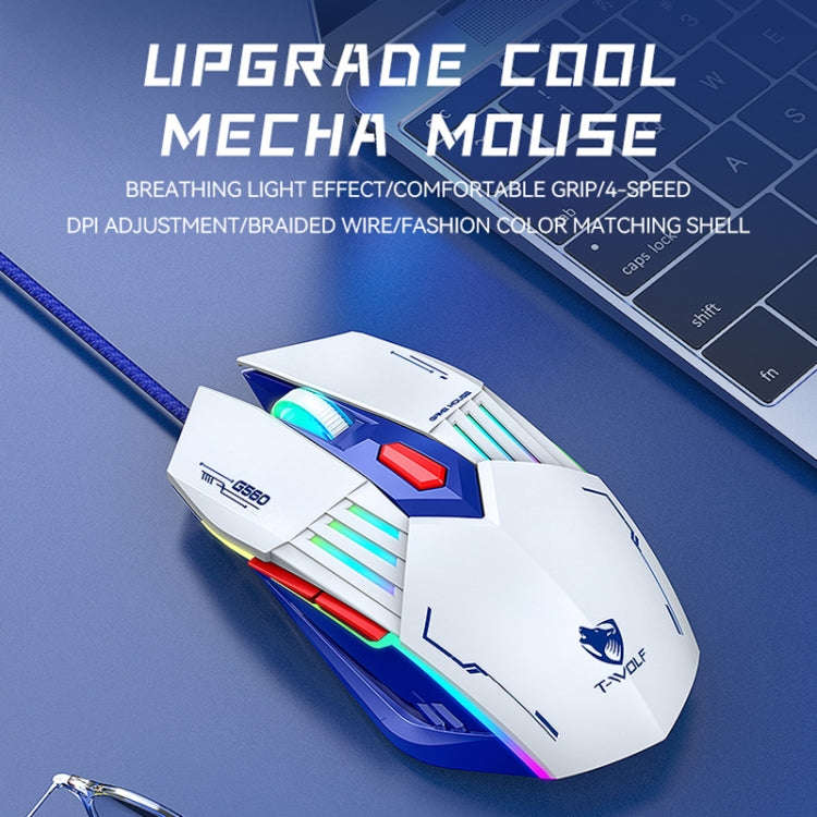 T-WOLF G560 6-keys Cool Breathing Light Gaming Wired Mouse Mechanical Office Silent Mouse(Gray)