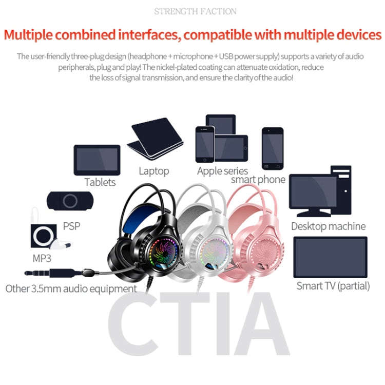YINDIAO Q7 Colorful Light Computer Wired Headset USB Gaming Headset USB7.1 Sound Card White