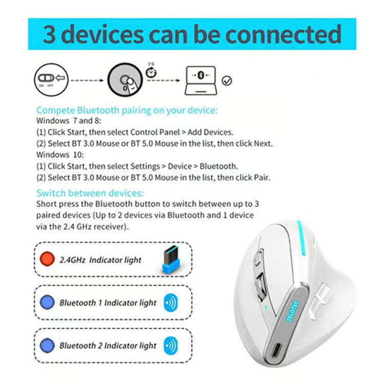 ZELOTES F36 9-Keys Vertical Grip Ergonomic Programming Dual Bluetooth + 2.4G Wireless Mouse(Black)