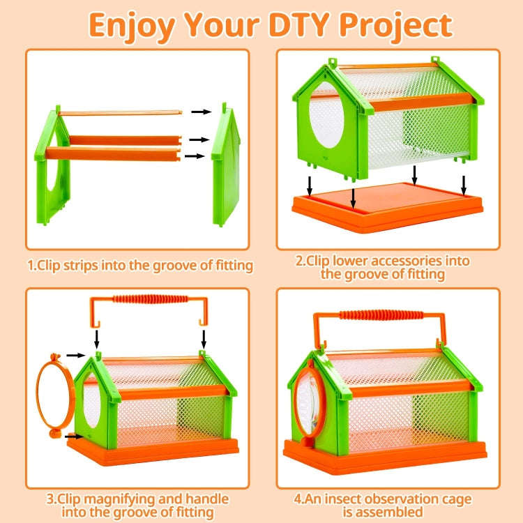 DIY Insect Animal Observation Cage with 75mm 3X Magnifying Glass(Green+Orange)