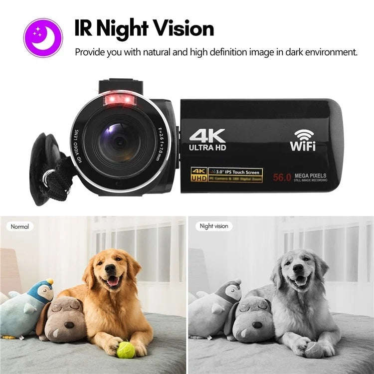 4K  Digital Video Camera 3 Inch IPS Touch Screen 56MP 18X Digital Zoom WiFi Camcorder, Spec: Stan...