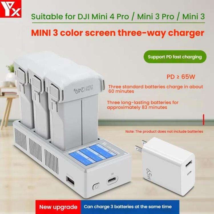 For DJI Mini 4 Pro / Mini 3 Pro / Mini 3 YX Color Screen 3-Way Charger Battery Manager With 65W U...