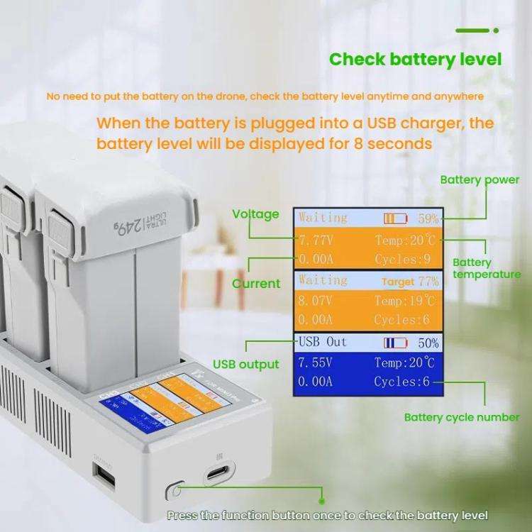 For DJI Mini 4 Pro / Mini 3 Pro / Mini 3 YX Color Screen 3-Way Charger Battery Manager With 65W U...