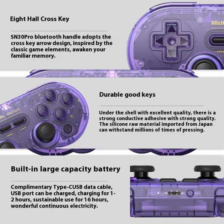 8BitDo SN30 Pro Retro Special Edition Translucent Wireless Bluetooth Multi-Platform Gamepad(Purple)
