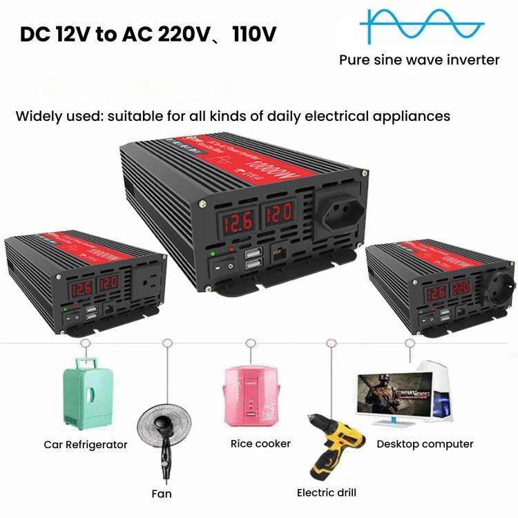 Gurxun 1500W Dual USB Fast Charger Dual Digital Display Pure Sine Wave Inverter, Spec: EU Plug 12...