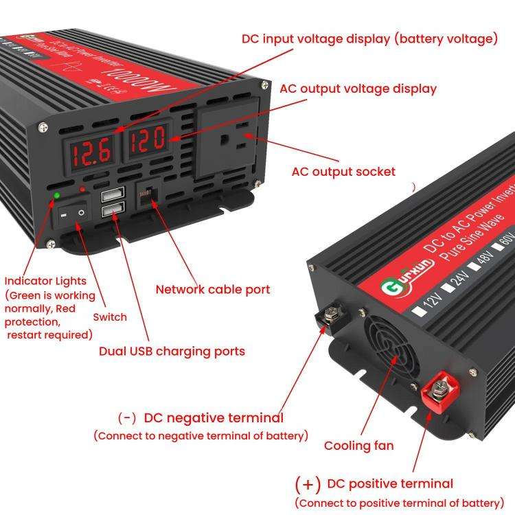 Gurxun 1500W Dual USB Fast Charger Dual Digital Display Pure Sine Wave Inverter, Spec: EU Plug 12...