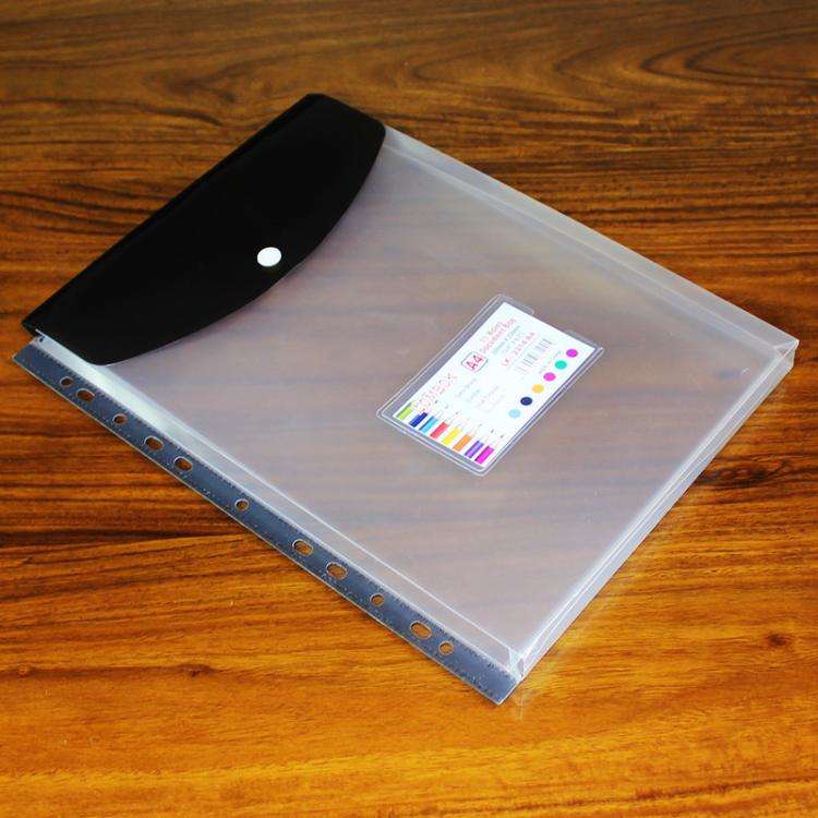 2pcs /Pack A4 Transparent Plastic File Folder 11-hole Loose-leaf Pocket with Snap Closure(Black)