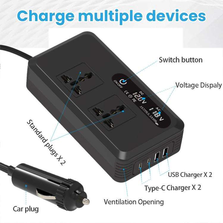 Gurxun Dual Digital Display Car Inverter With 2 USB+2 Type-C Ports Universal Plug 110V