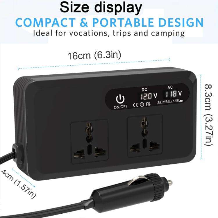 Gurxun Dual Digital Display Car Inverter With 2 USB+2 Type-C Ports Universal Plug 220V