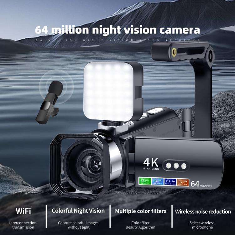 WiFi HD 4K Lightless Colorful Night Vision Digital Video Camera, Color: Black + Bracket