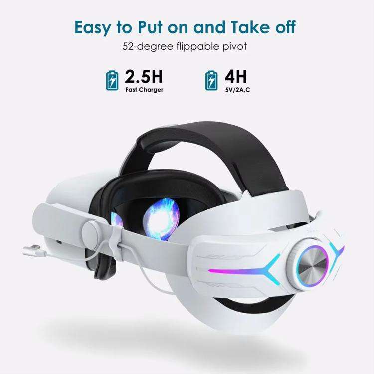 For Quest 2 VR RGB Head Strap Adjustable Headband Built-in 8000 mAh Battery(Gaming White)