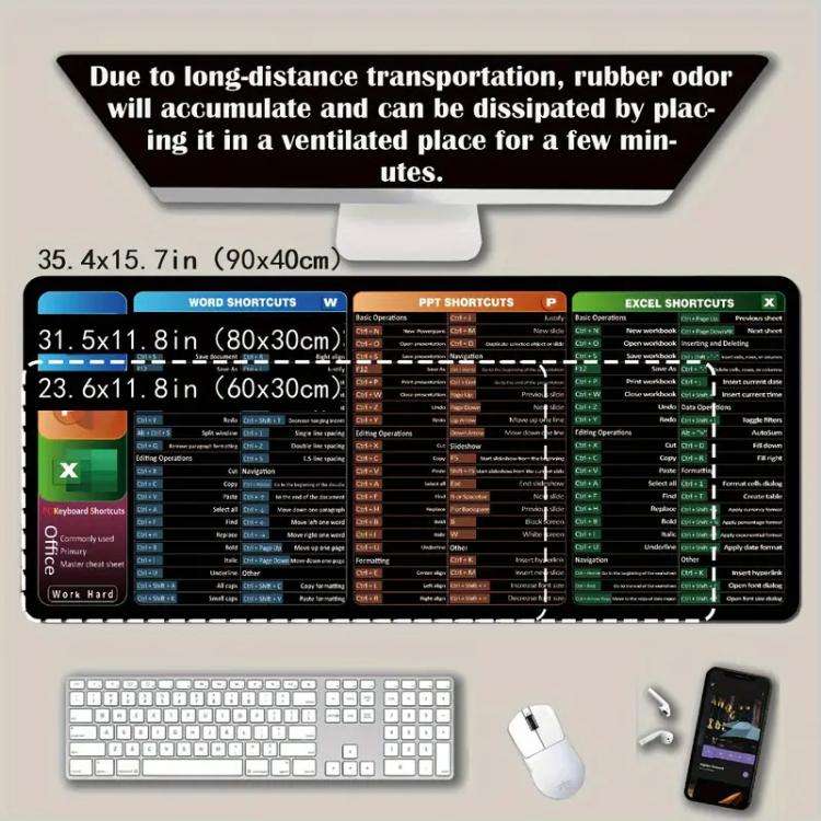 Keyboard Shortcut Desk Mat Mouse Pad Non-Slip Office Desk Pad With Computer Commands 400x800x2mm(...