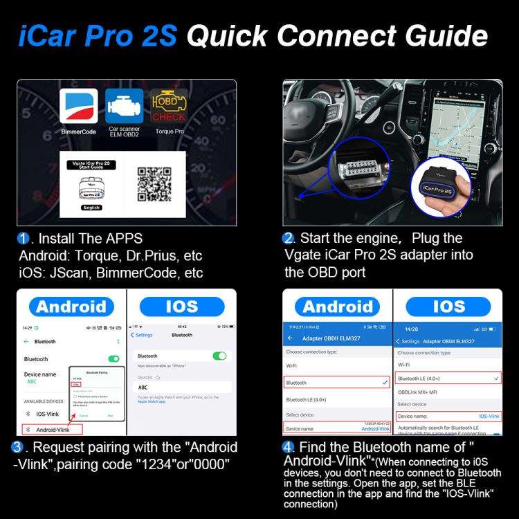 Vgate 3m bps Bluetooth Wireless Wake-up Diagnostic Instrument(iCar Pro 2S)