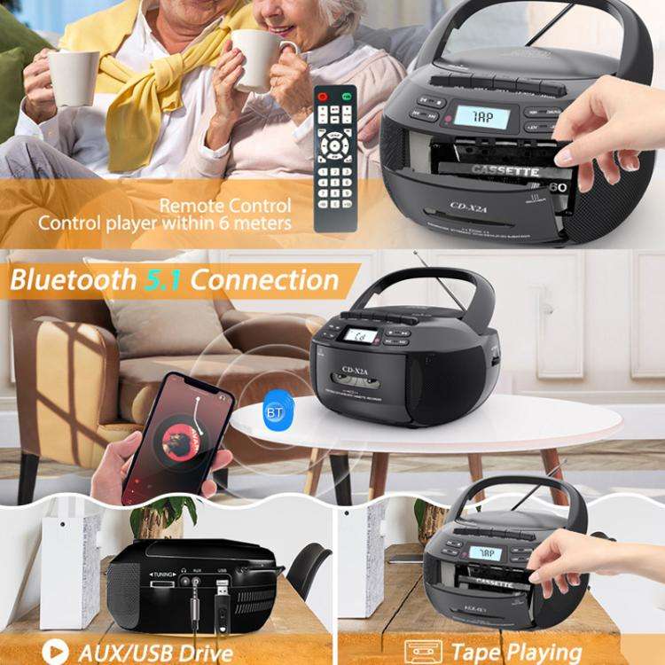 X2A Portable Cassette Player Stereo Bluetooth AM/FM/MP3 Music CD Player Tape Recorder AU Plug(Black)