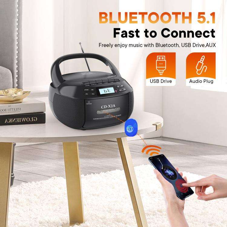 X2A Portable Cassette Player Stereo Bluetooth AM/FM/MP3 Music CD Player Tape Recorder AU Plug(Black)