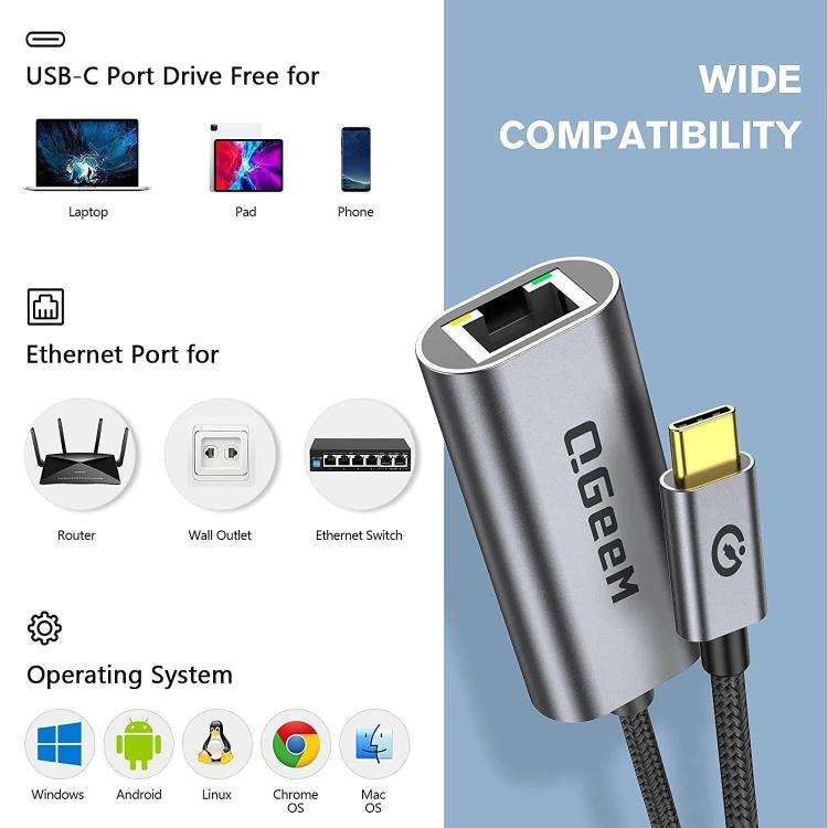 QGeeM  USB-C/Type-C To RJ45 LAN Converter Gigabit Ethernet Adapter for Laptop, PC, Smartphone, Pl...