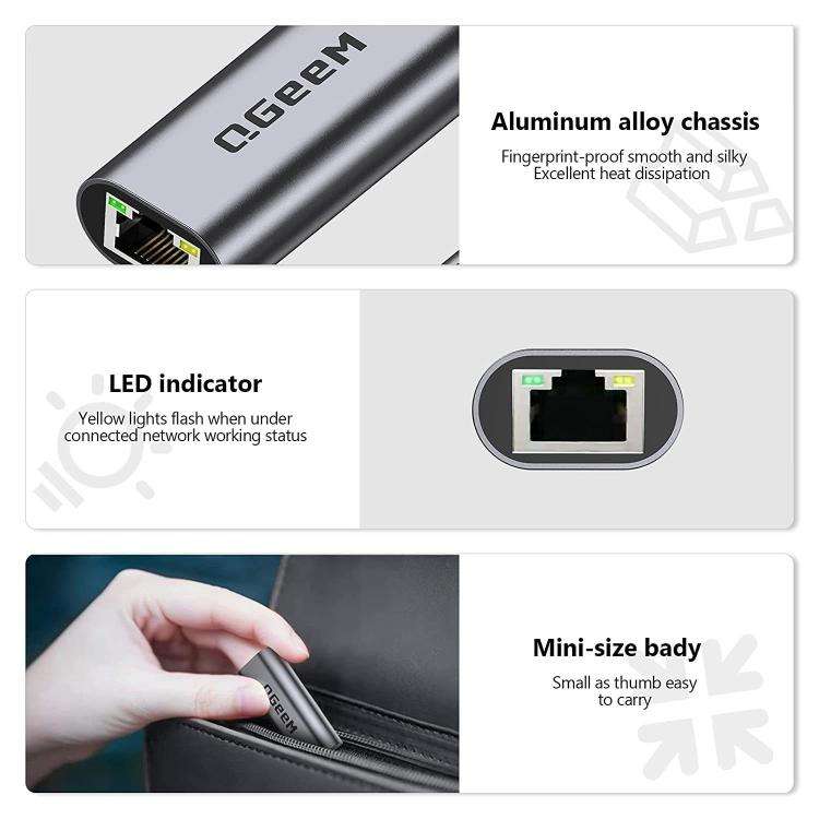QGeeM  USB-C/Type-C To RJ45 LAN Converter Gigabit Ethernet Adapter for Laptop, PC, Smartphone, Pl...