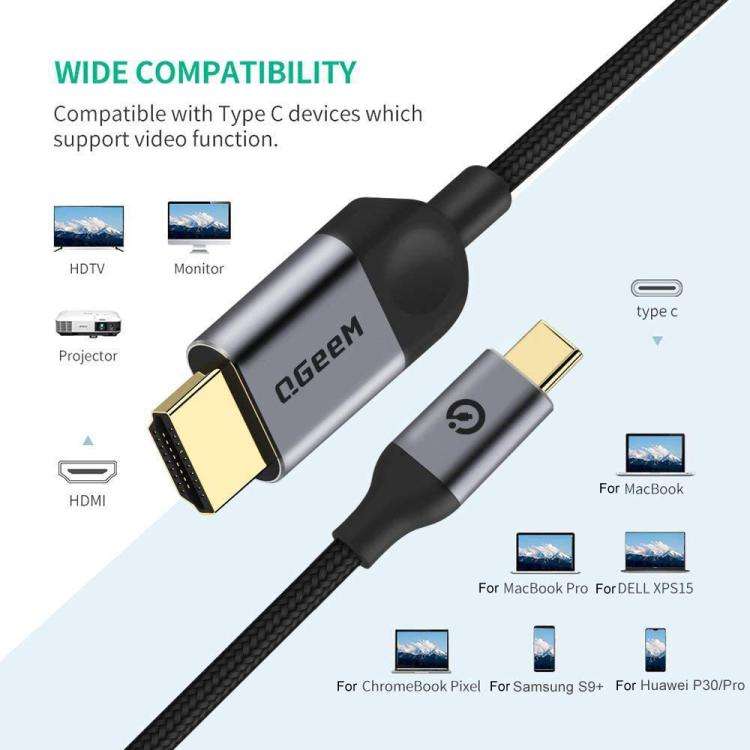 QGeeM USB-C/Type-C To HDMI Cable 4K 30Hz For Screen Mirroring & Extended Display, Cable Length: 3m