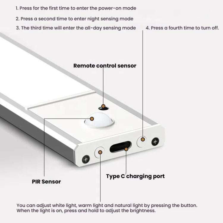 60cm Rechargeable Motion Sensor Light Bar Cabinet Wardrobe Lamp With Remote Control Silver