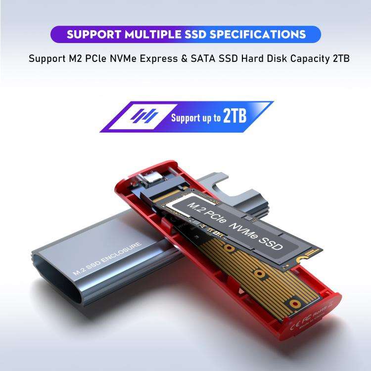 M.2 NVMe/SATA SSD Enclosure USB-C 10Gbps External Case Supports Up To 2TB With 2 Cables