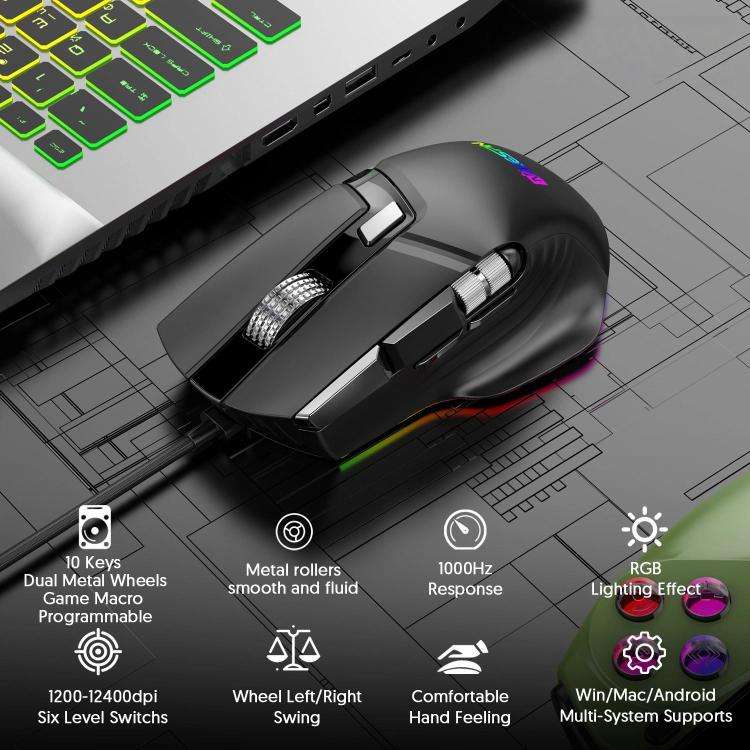 MKESPN X13 RGB Full Speed Wired Gaming Mouse 12400 DPI 10-Key Dual Scroll Wheel Swing Macro Progr...