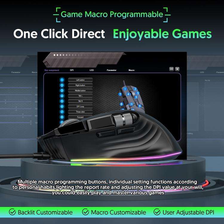 MKESPN X13 RGB Full Speed Wired Gaming Mouse 12400 DPI 10-Key Dual Scroll Wheel Swing Macro Progr...