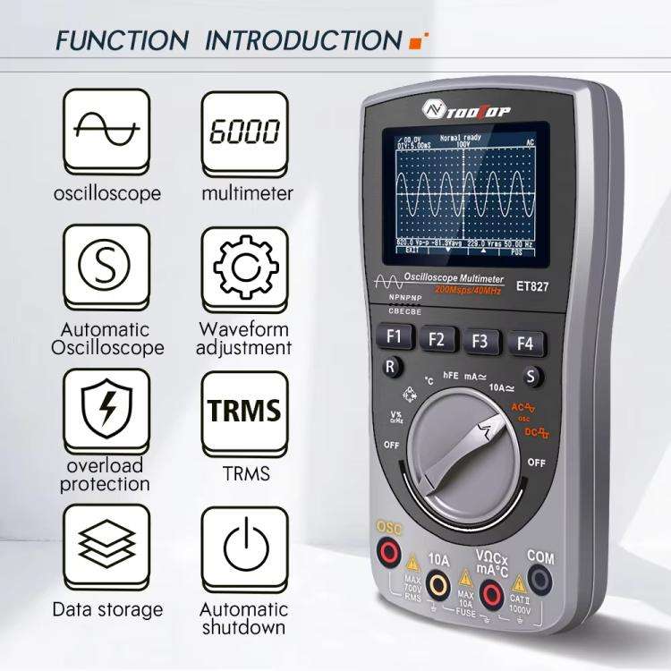 TOOLTOP ET827 Oscilloscope Multimeter 200Msps Sampling Rate 40MHz Oscilloscope + Multimeter 2 In 1