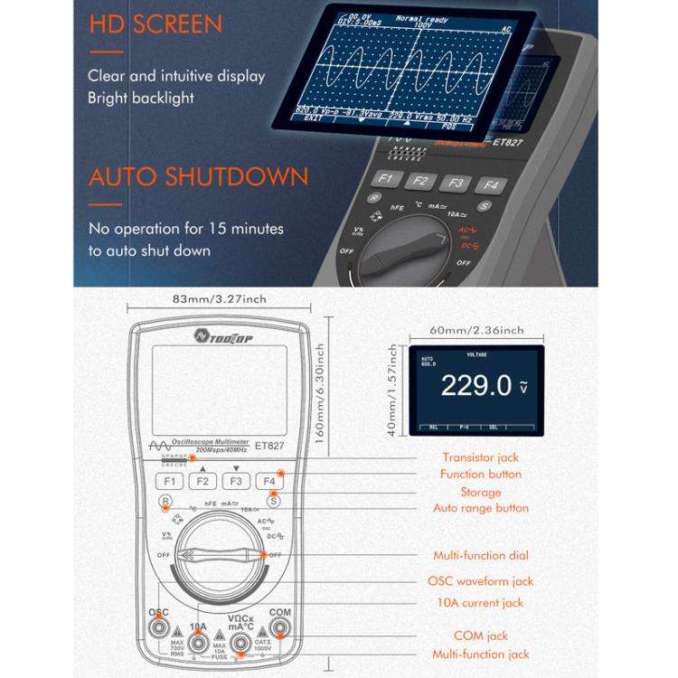 TOOLTOP ET827 Oscilloscope Multimeter 200Msps Sampling Rate 40MHz Oscilloscope + Multimeter 2 In 1