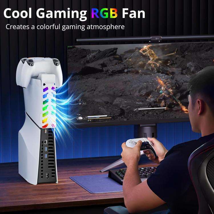 For PS5 Slim Controller 2-in-1 Charging Station Cooling Fan With RGB Lighting(White)