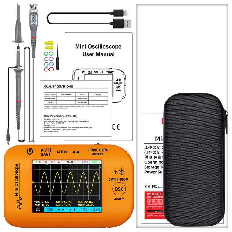 BSIDE OT4 Miniature Oscilloscope Signal Generator Rechargeable Handheld Color Screen 50MHz Oscill...