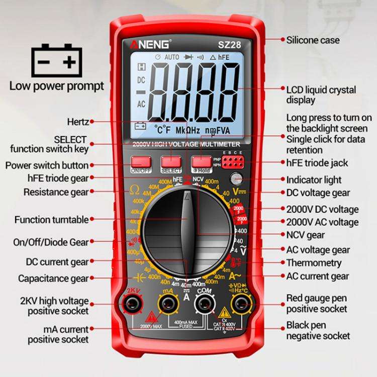 ANENG 2000V High Voltage High Precision Photovoltaic Digital Multimeter(SZ28 Red)