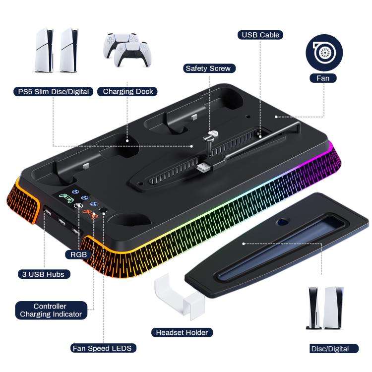 For PS5 Pro / PS5 Slim / PS5 Multifunctional Cooling Base With Dual Handle Charging Dock, Style: ...