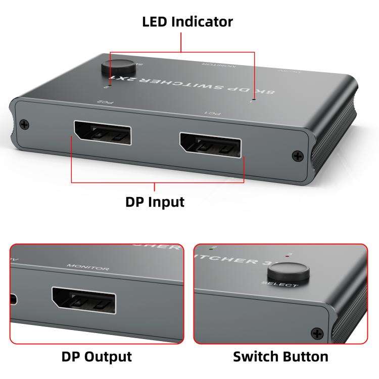 DP301 3 In 1 Out DisplayPort Switch 8K 30Hz HD Splitter For Computer Screen