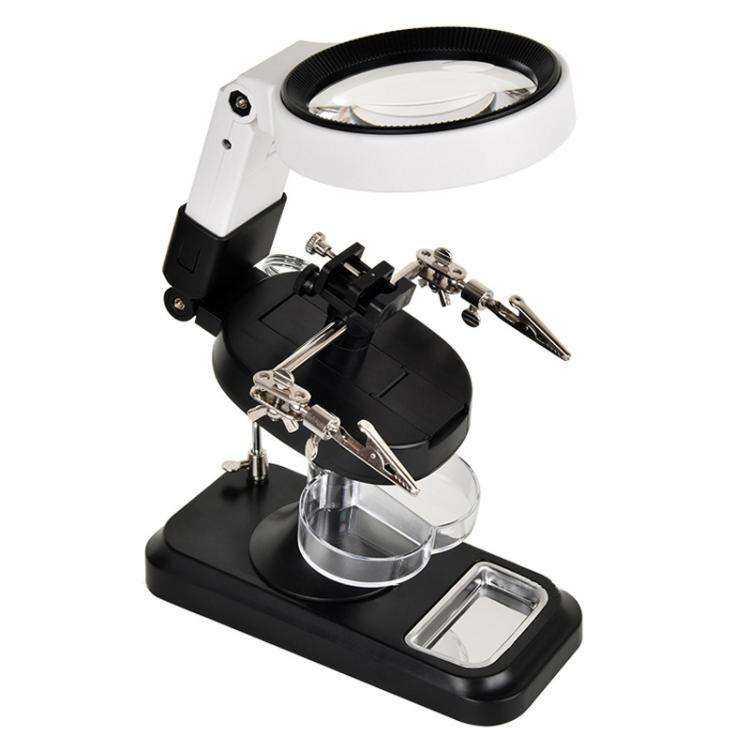 5x 10x Desktop Handheld Magnifying Glass 32 LEDs Soldering Iron Maintenance Workbench(Black)