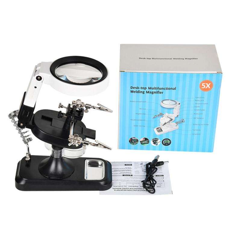 5x 10x Desktop Handheld Magnifying Glass 32 LEDs Soldering Iron Maintenance Workbench(Black)
