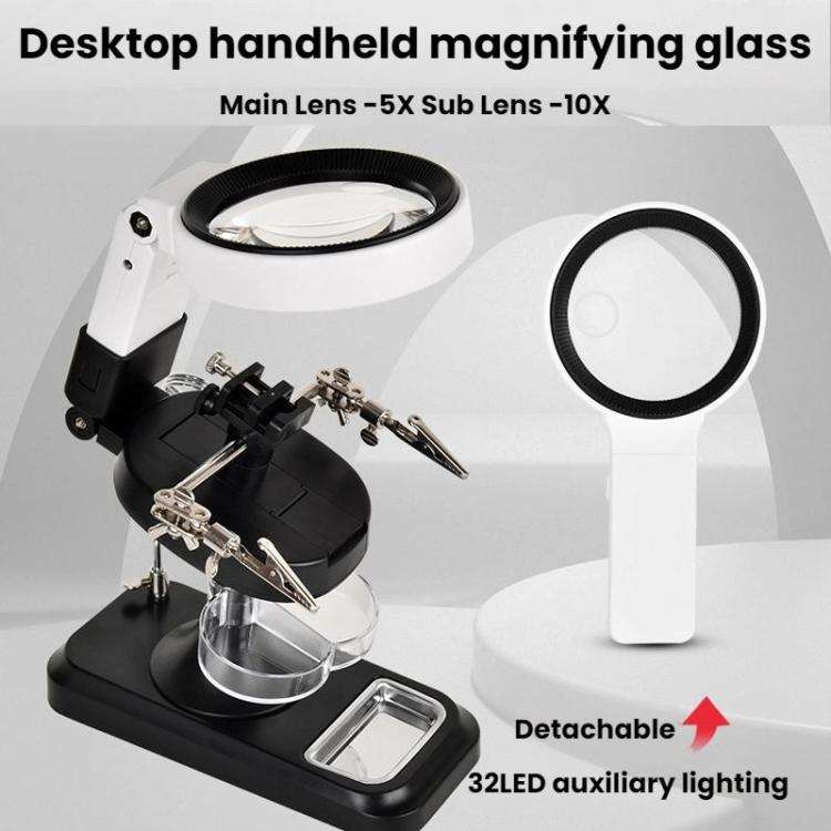 5x 10x Desktop Handheld Magnifying Glass 32 LEDs Soldering Iron Maintenance Workbench(Black)